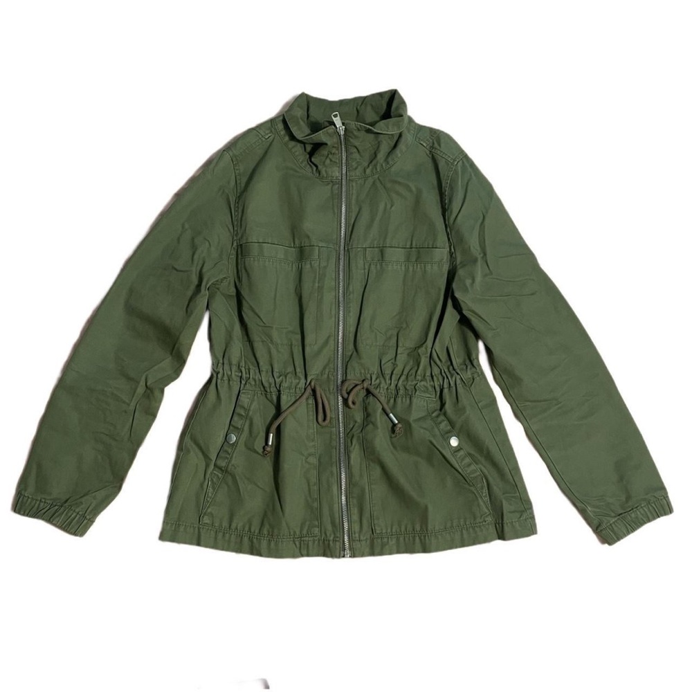 Olive long sleeve gathered tie waist zipper